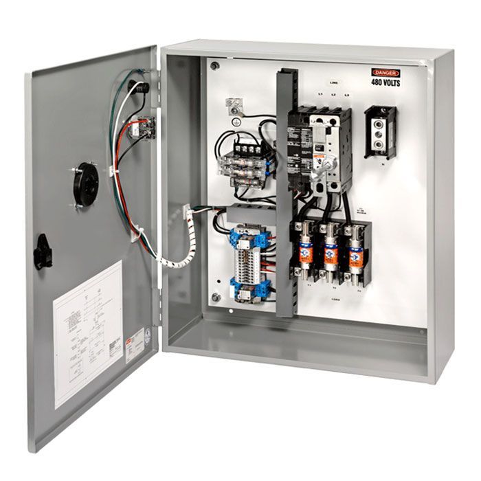 Electrical control panel with open door, showing internal wiring and components.