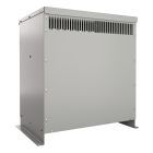 Gray electrical transformer with cooling vents.