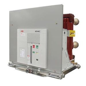 Gray and red ABB high-voltage circuit breaker, with control panel and support structure.
