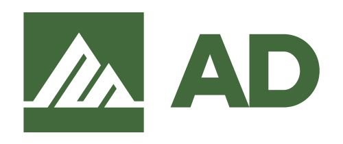 Green logo with a white mountain icon and the letters “AD” in green
