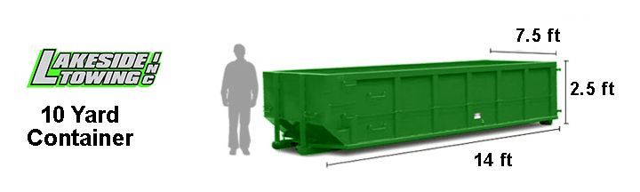 Green 10-yard dumpster with dimensions labeled 14 ft long, 7.5 ft wide, and 2.5 ft high
