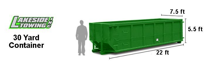 Green 30-yard waste container with dimensions labeled 22 ft, 7.5 ft, and 5.5 ft.