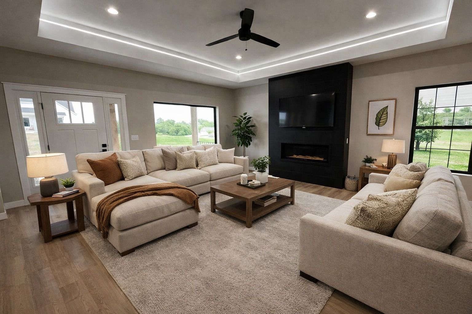 Spacious modern living room with beige sofas, a large rug, coffee table, fireplace, and recessed ceiling lights