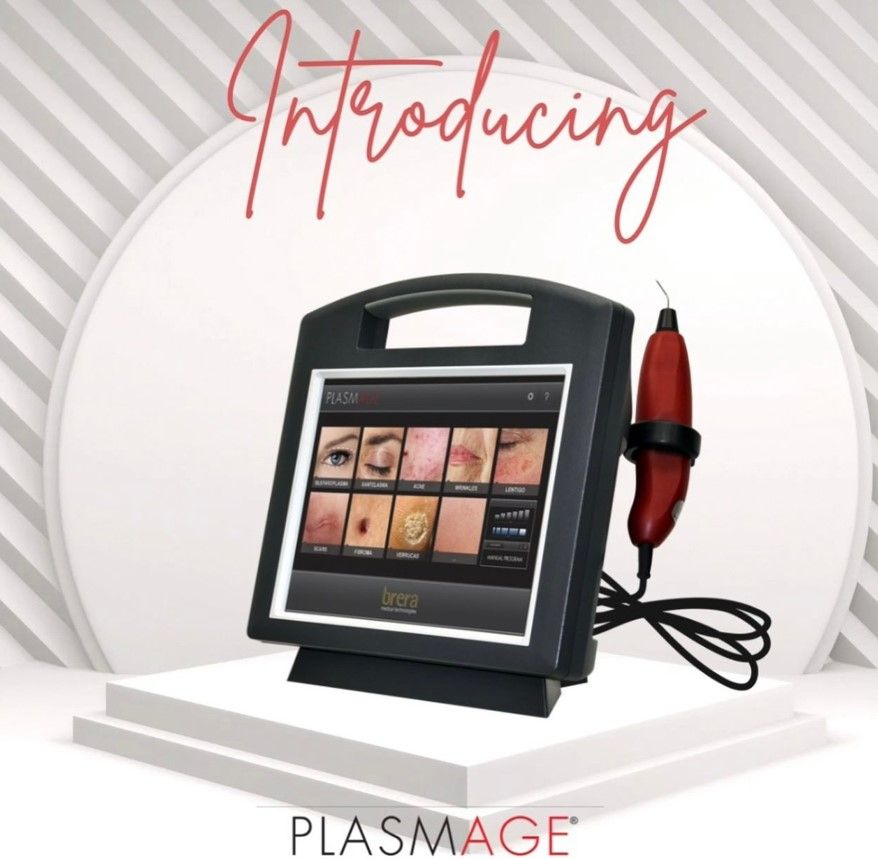 A plasmage device is displayed on a white podium