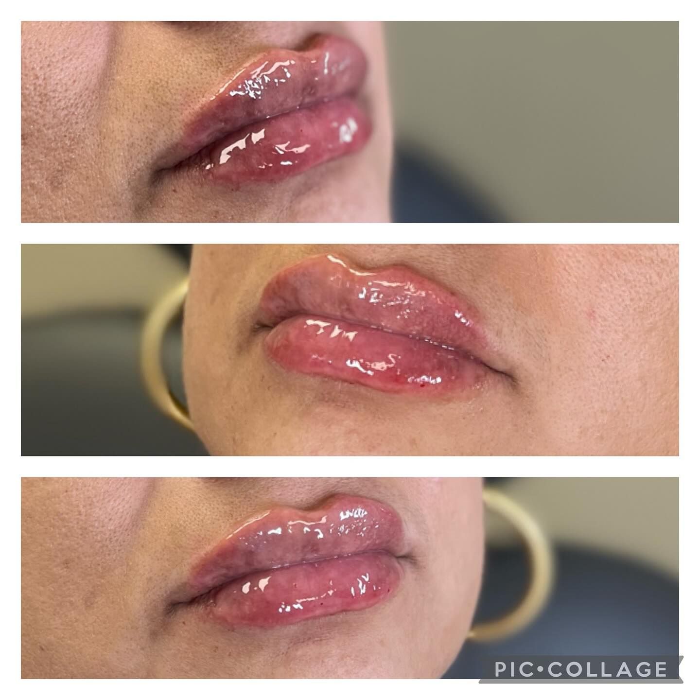A collage of three pictures of a woman 's lips