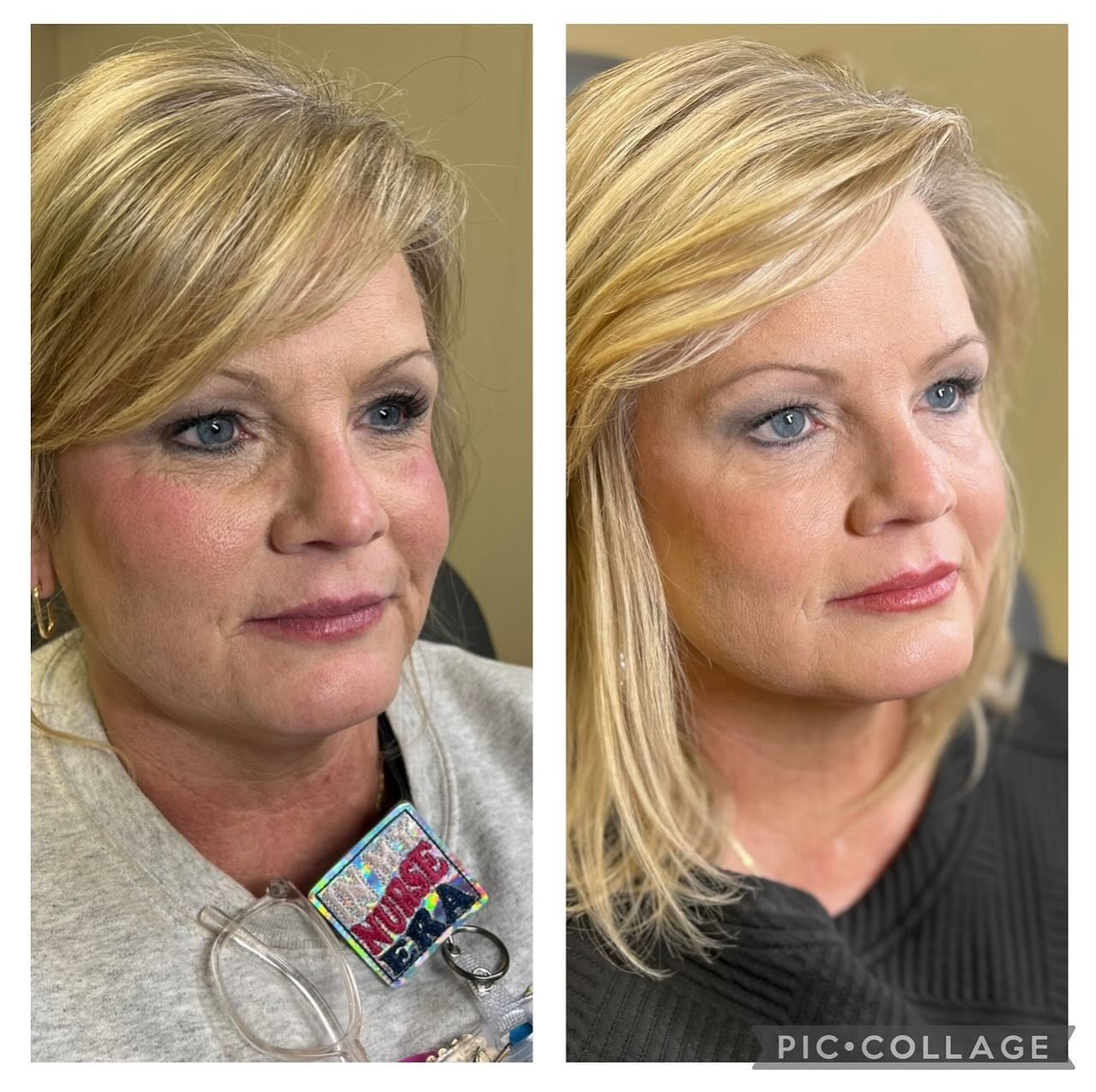 Two pictures of a woman 's face before and after makeup.