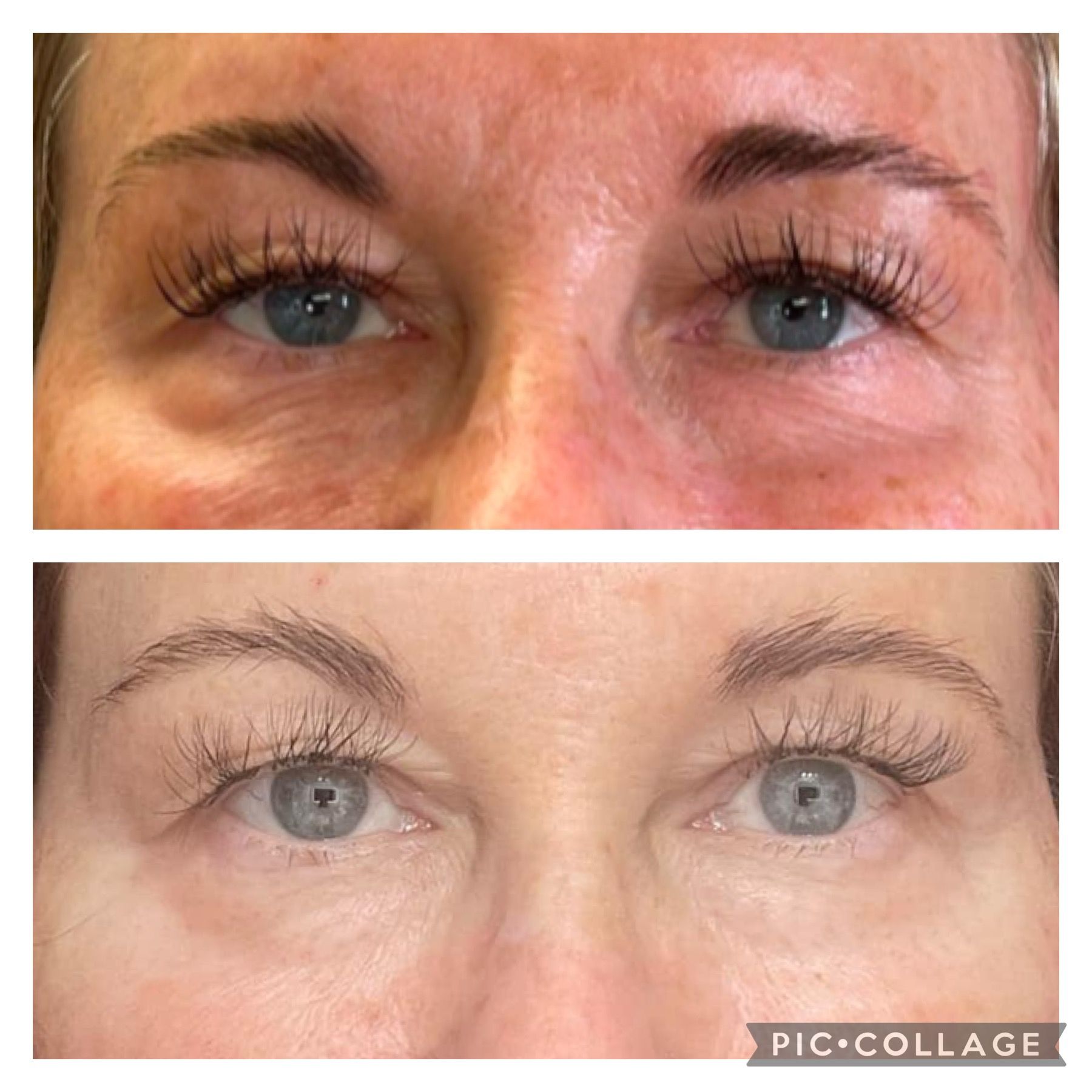 A before and after photo of a woman 's eyes.