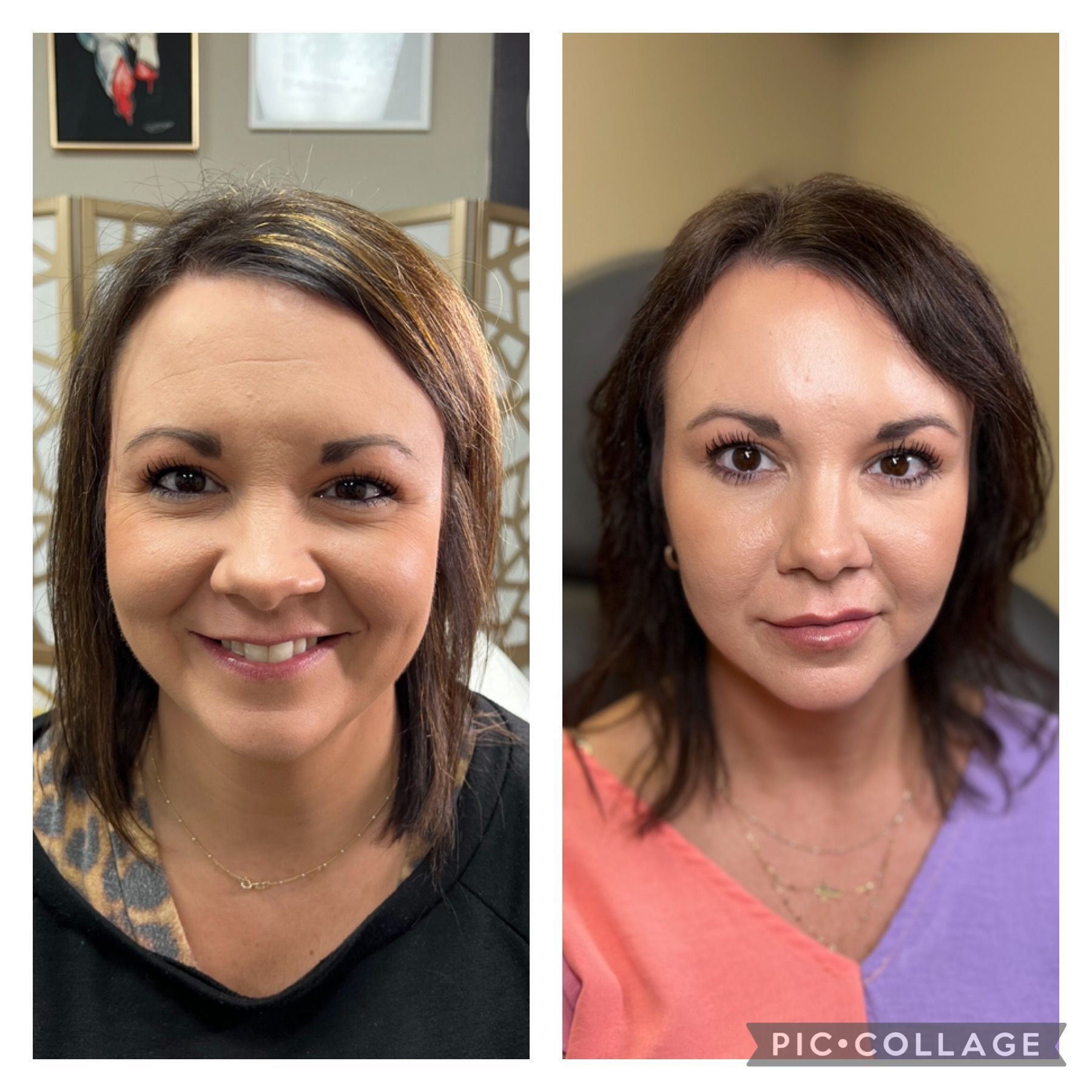 A before and after photo of a woman 's face