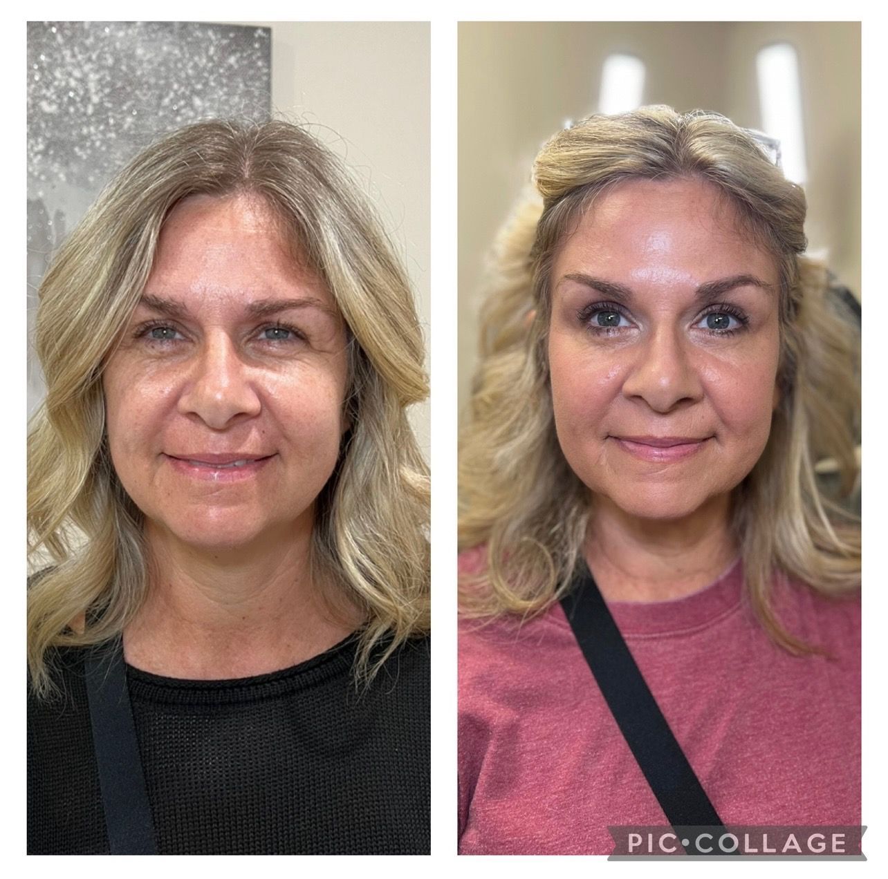 A before and after photo of a woman 's face