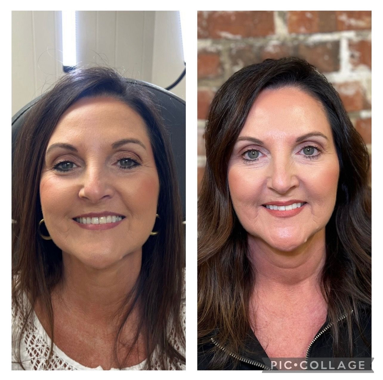 A before and after photo of a woman 's face