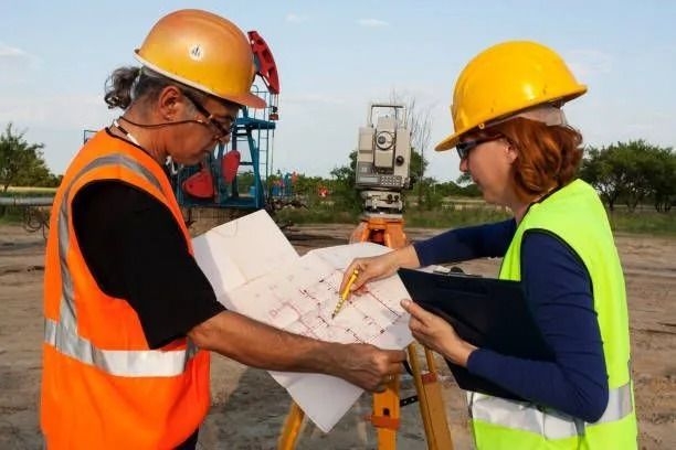 Two people in hard hats and safety vests examining blueprints at a construction site with surveying equipment.