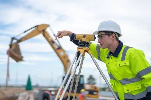 Construction worker in a safety vest looking through a surveying instrument on a tripod.