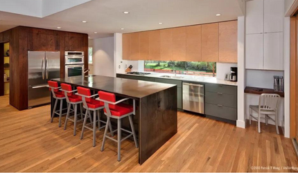 A kitchen with a large island and stools