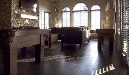 A living room with a pool table and a couch