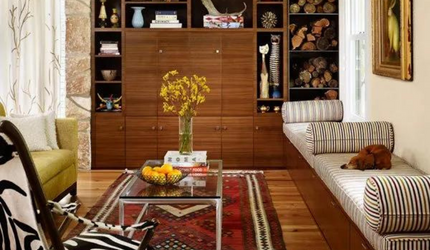 A living room with a couch and a coffee table