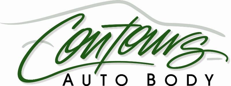 Logo for Contours Auto Body, green script "Contours" with a grey car outline, "AUTO BODY" below.