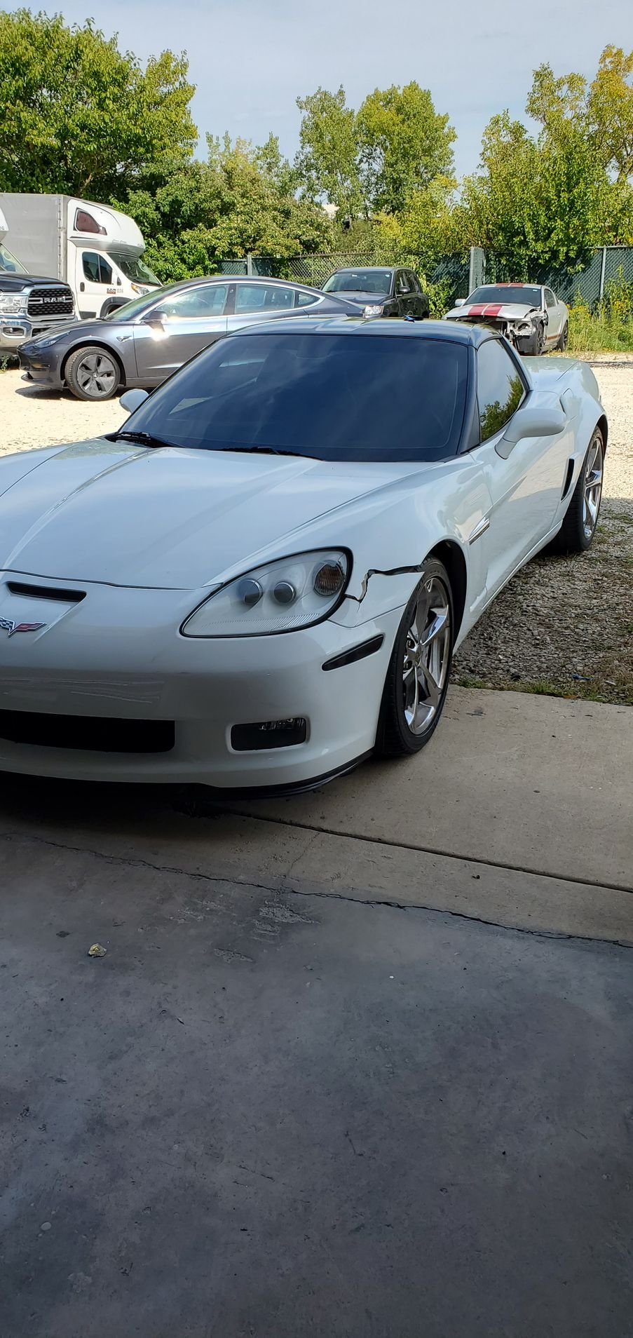 White Chevrolet Corvette parked outdoors, other vehicles in the background, blue sky.