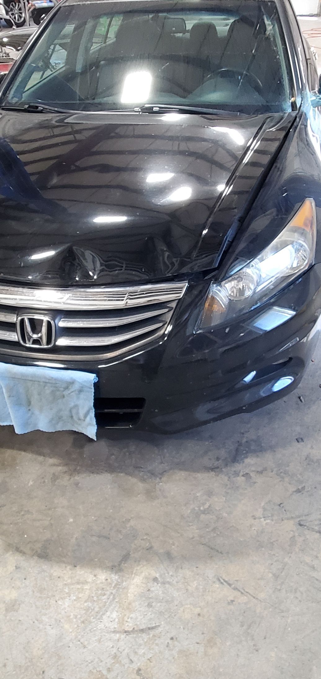 Black Honda Accord with damage to the hood and front bumper, in a garage setting.