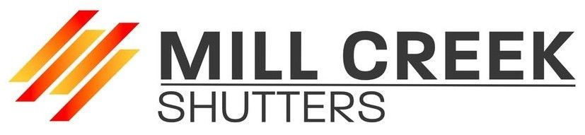 Logo of Mill Creek Shutters with slanted stripes in red to yellow gradient. The text is dark gray.