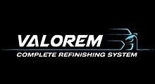 Logo for Valorem, a complete auto refinishing system; white text and car outline on black background.