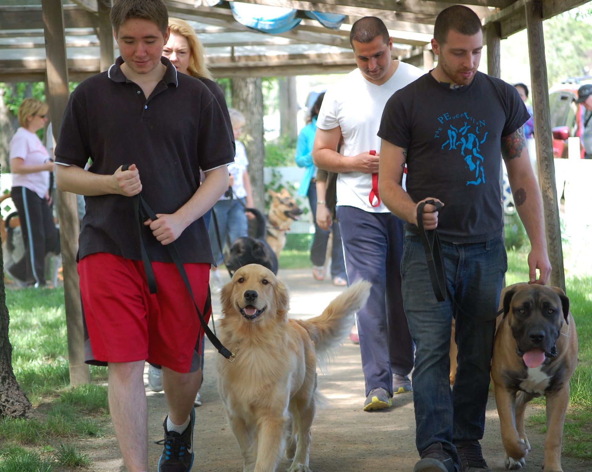 Woman with three German Shepherds sitting outside a building.