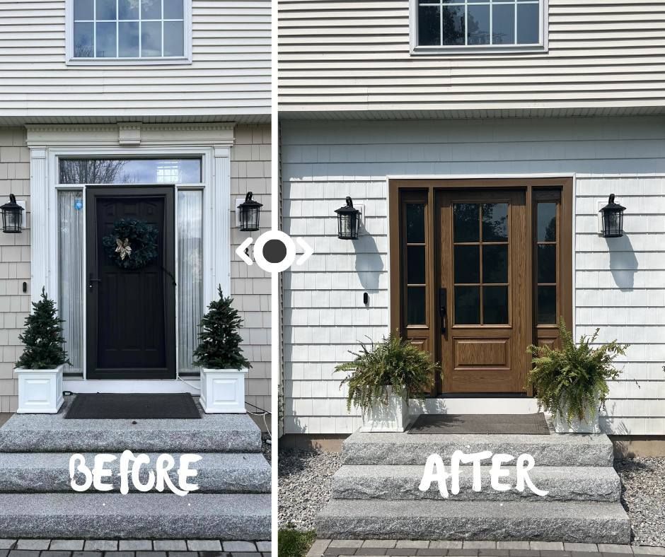 A before and after picture of a house with a brown door.
