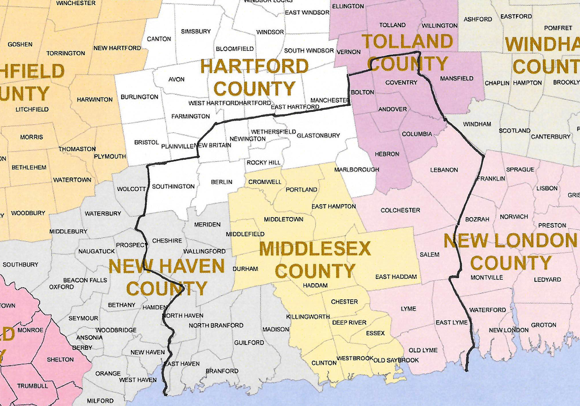 A map showing the new haven county and middlesex county