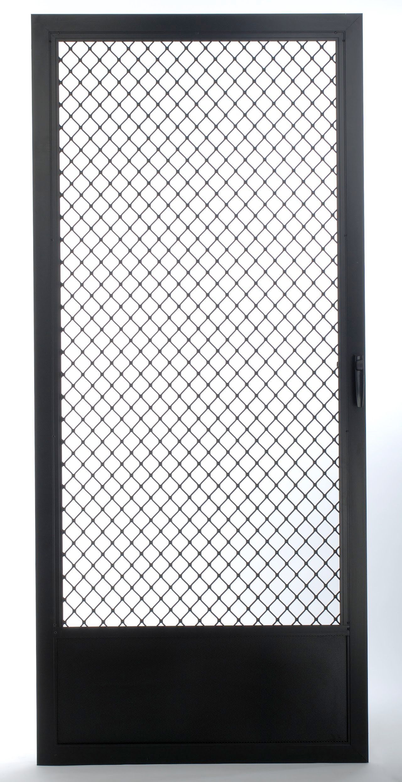 Black-framed security door with white mesh panel and solid black bottom panel on a white background