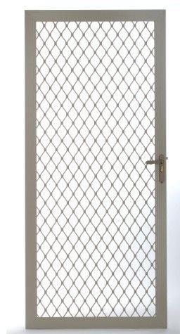 Gray metal security door with diamond mesh and a handle on the right side