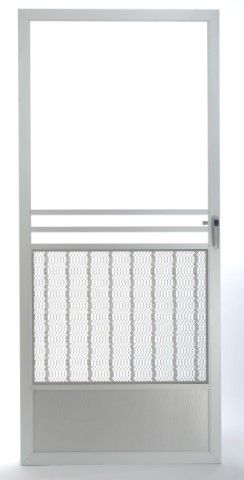 Silver metal security door with wire mesh lower panel and solid bottom section