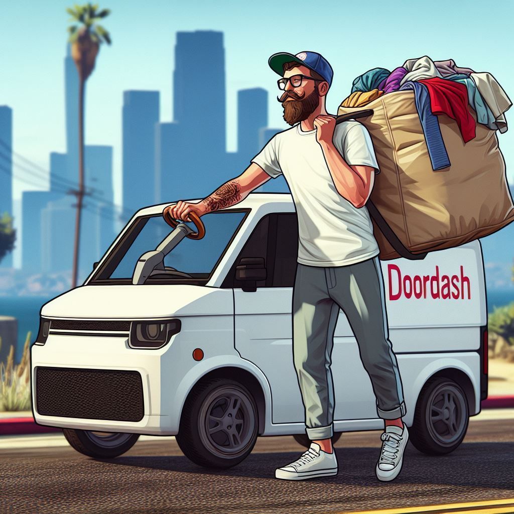 A man is carrying a bag of clothes on his back in front of a Doordash van.