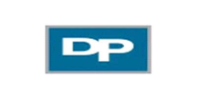 A blue and white dp logo on a white background