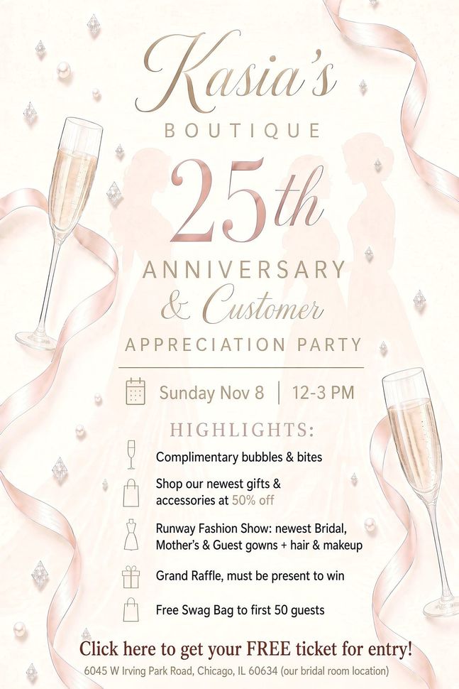 Pastel boutique flyer for Kasia’s 25th anniversary with event details and free ticket offer
