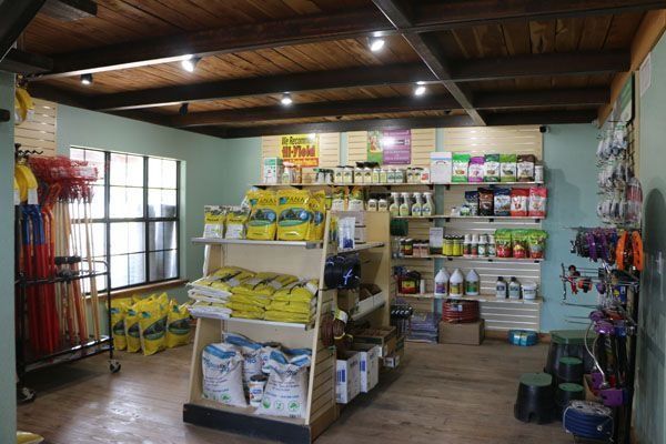 Interior of a pet supply store. Shelves stocked with pet food and supplies. Wooden ceiling and a window.