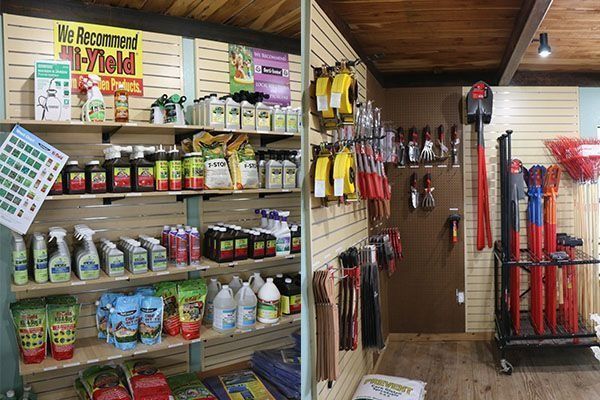 Interior of a garden supply store; shelves of fertilizers and tools on display.