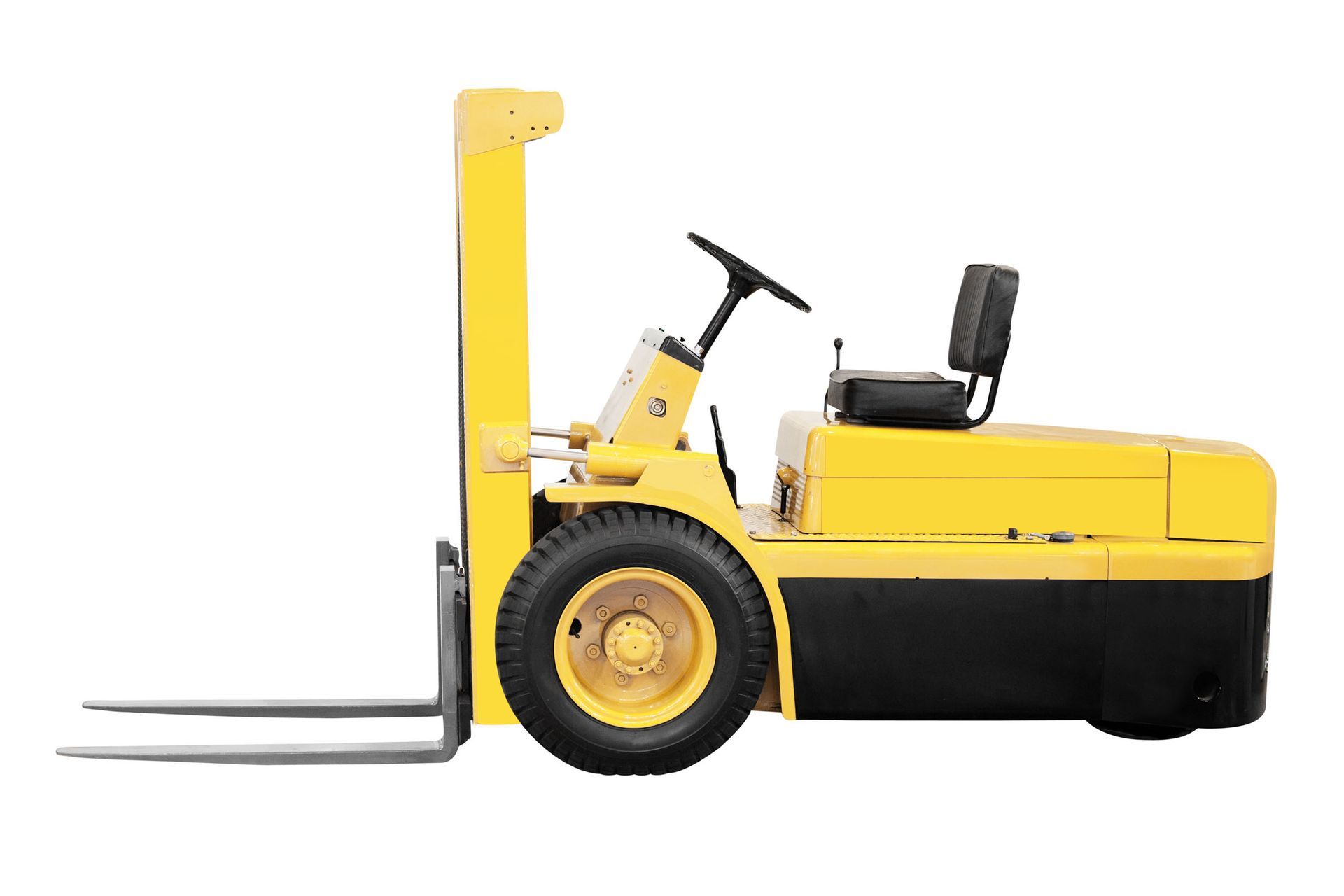 Yellow forklift with black accents on a white background, tines extended.