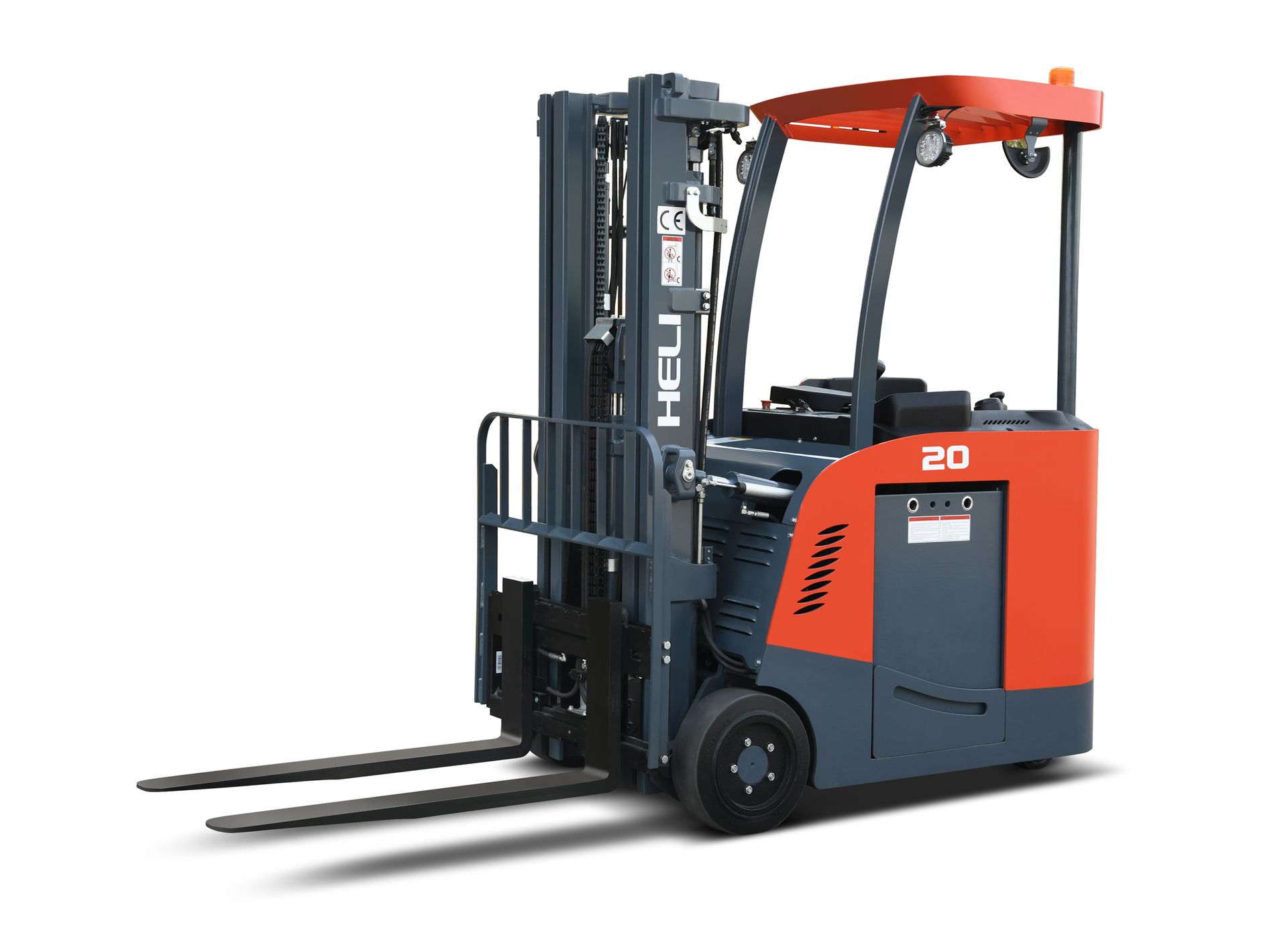 Orange and gray electric stand-up forklift with extended forks.