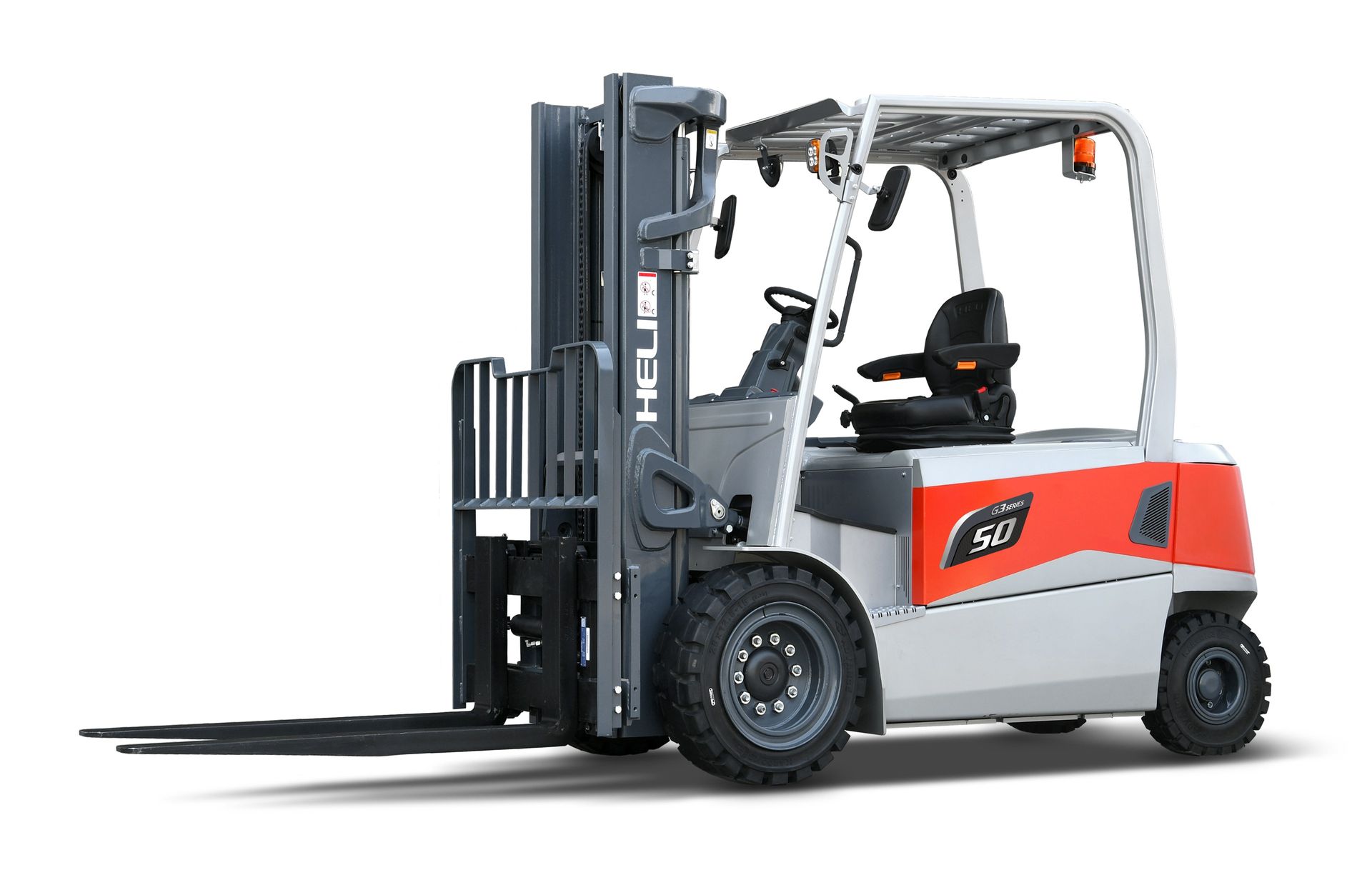 Forklift truck, white and red, on a white background.