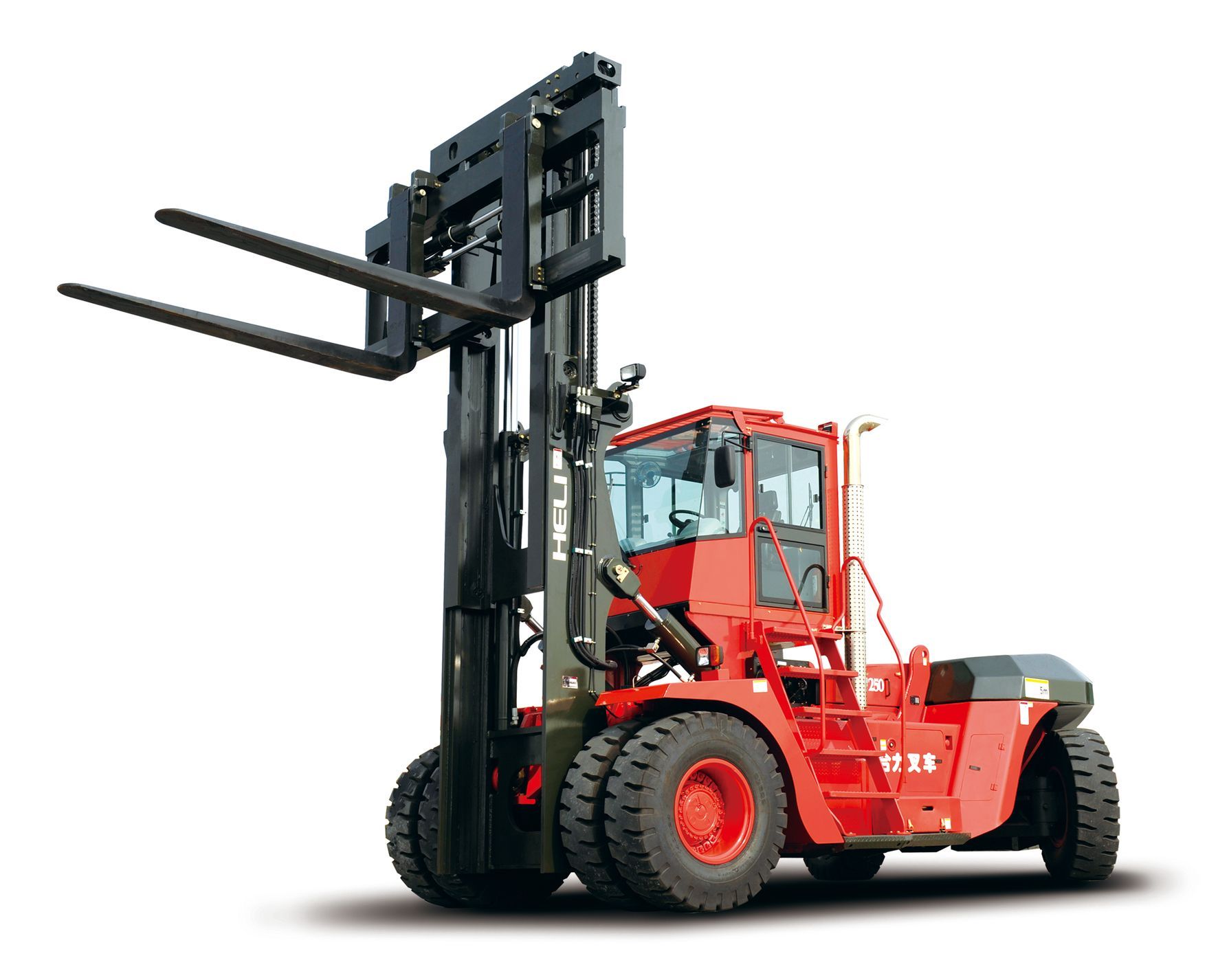 Red forklift with black forks and a raised lifting mechanism.