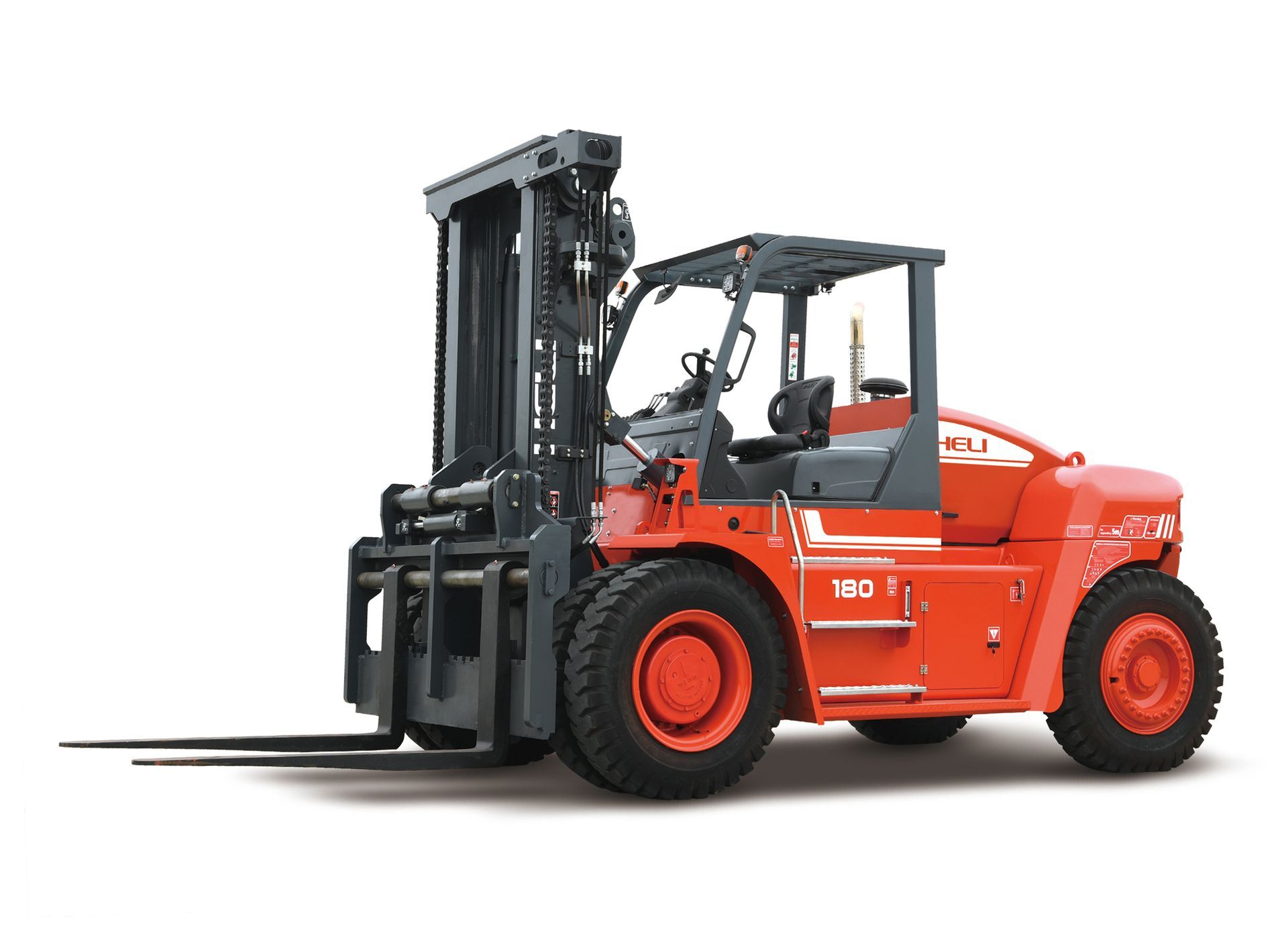 Orange and gray forklift on a white background, tines extended.