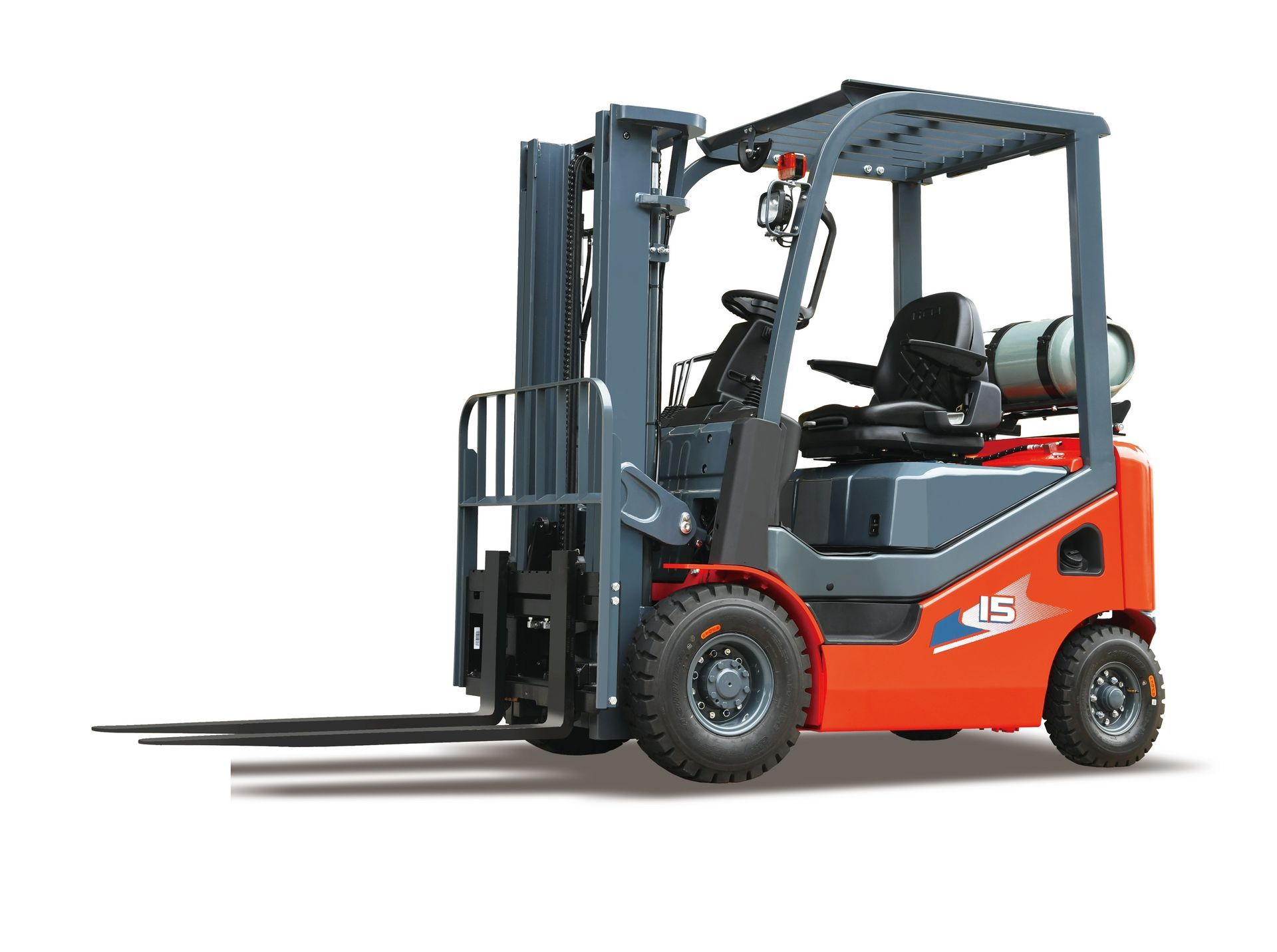Orange forklift with raised forks, gray frame, and propane tank against a white background.
