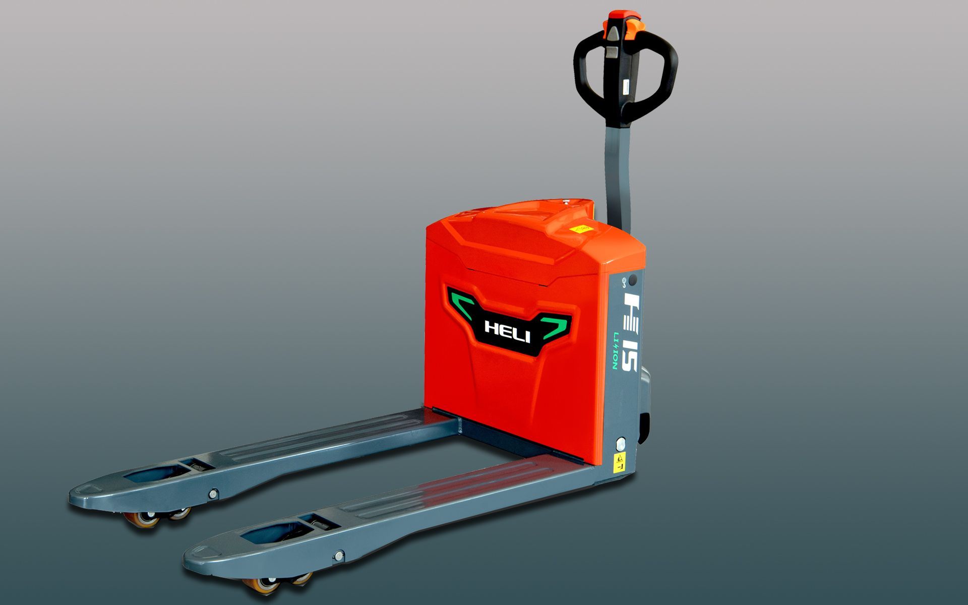 Red and gray electric pallet jack on a gray background, ready for use.