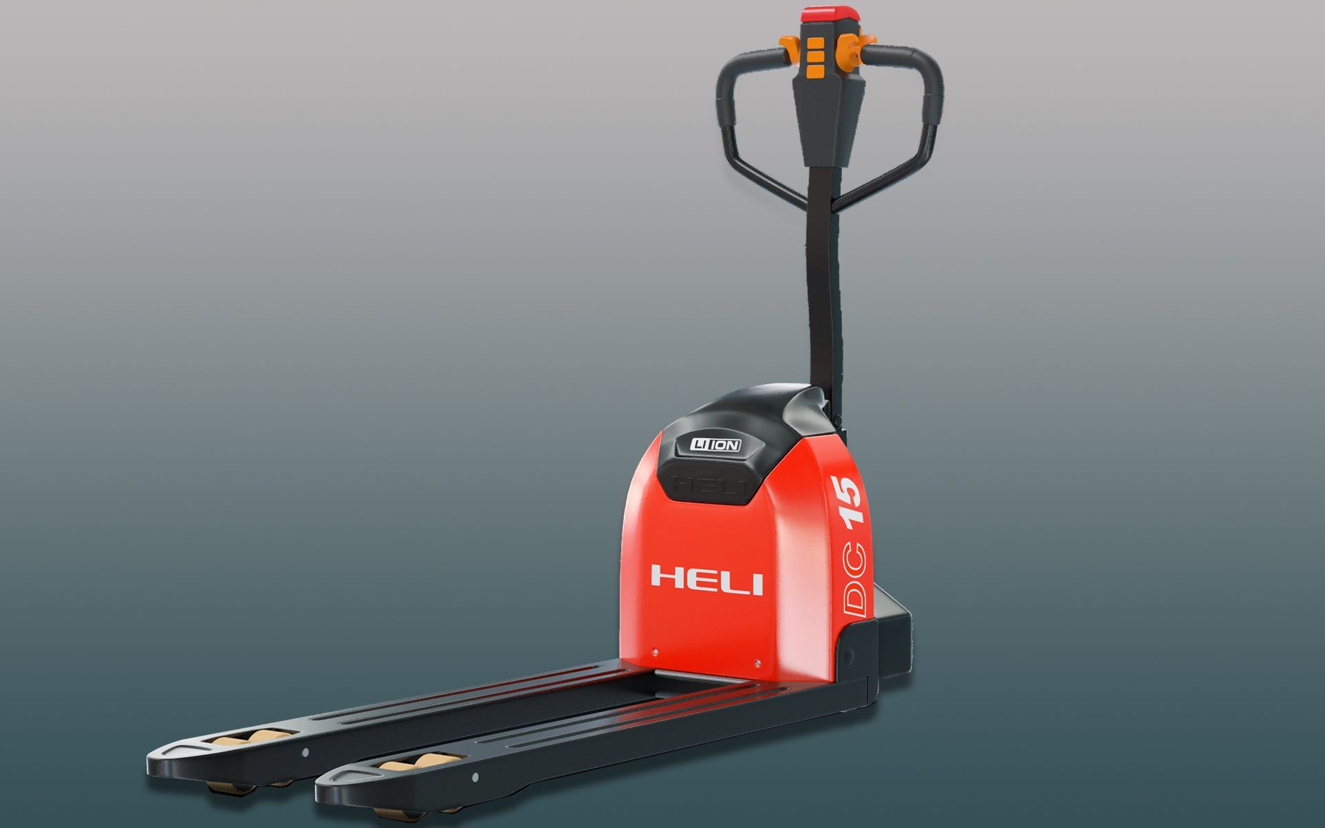 Red and black electric pallet jack with a raised handle.