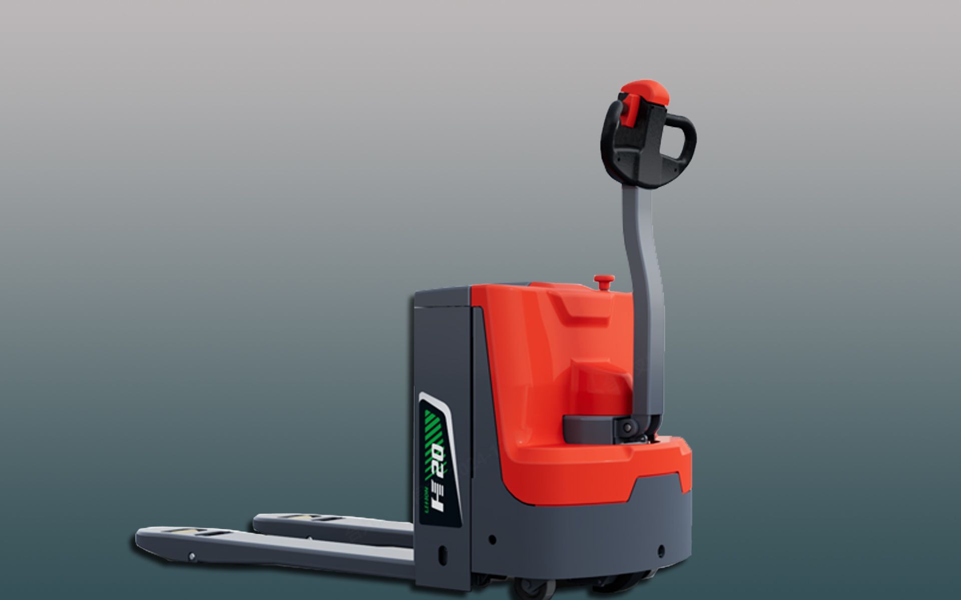 Electric pallet jack, red and gray, on gray gradient background.