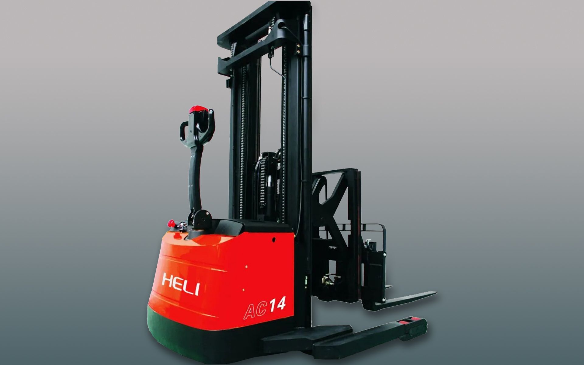 Red and black HELI SC14 stand-up electric forklift with forks extended, on a gray gradient background.