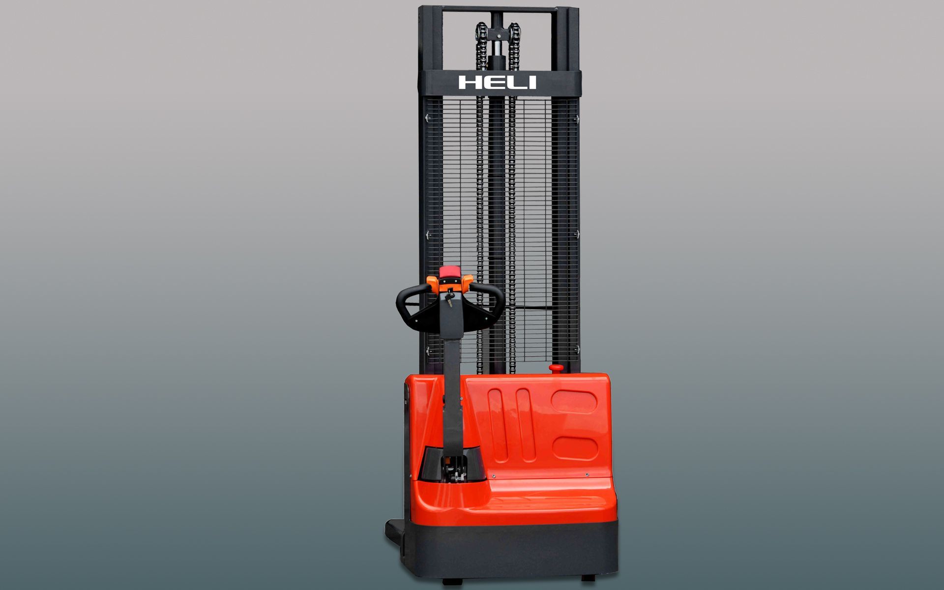 Red and black electric forklift with tall mast and operator controls; gray background.