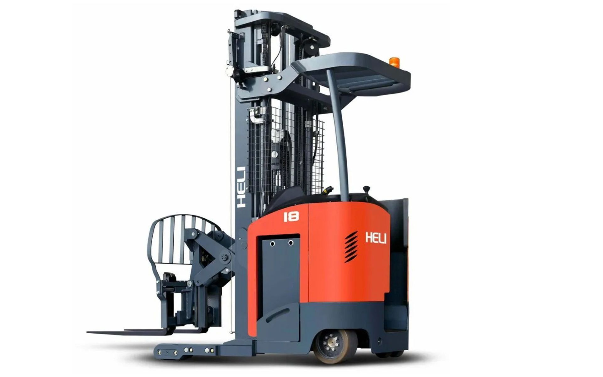 Red and gray HELI stand-up forklift with raised forks, against a white background.