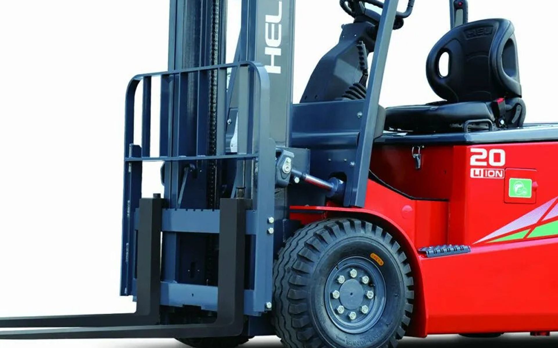 Red forklift with black forks, a gray mast, and a black tire on a white background.