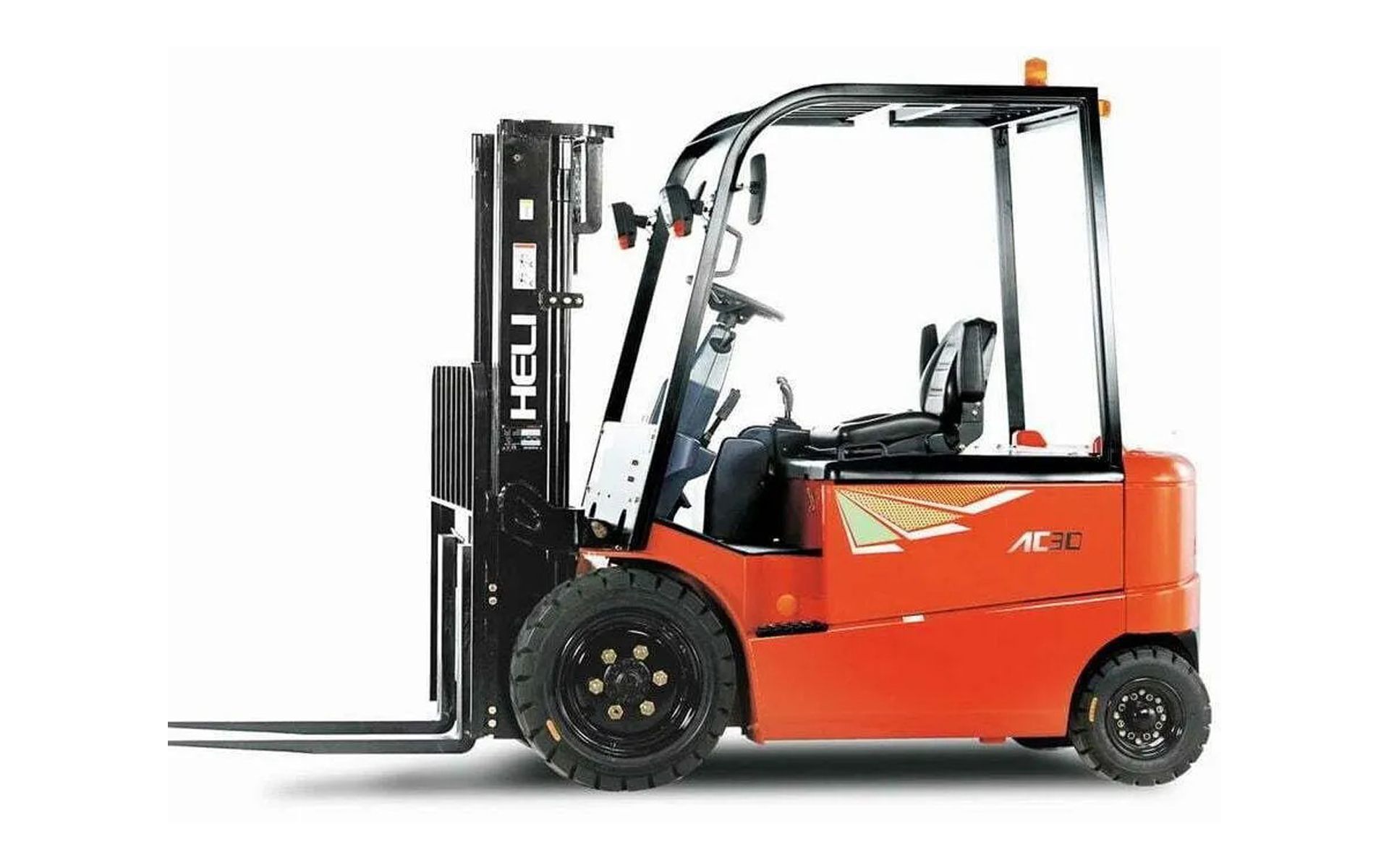 Orange HELI forklift with black tires, cab, and forks.