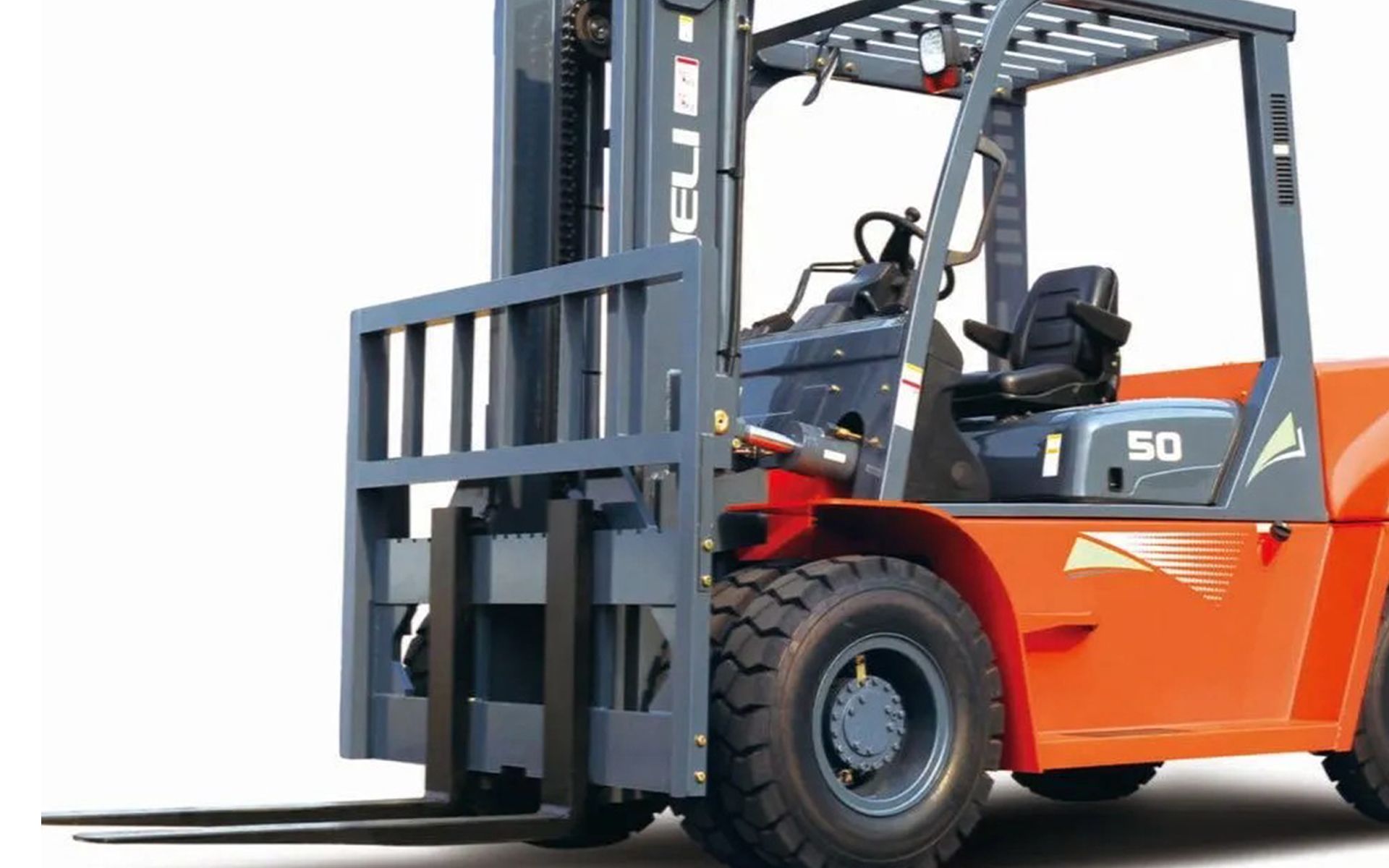 Orange and gray forklift with black forks on a white background.